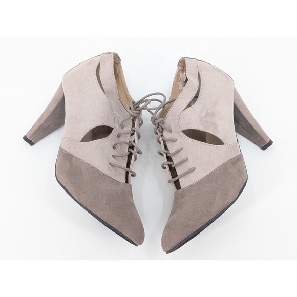 Avon Cushion Walk Vtg Taupe Tan Lace Up High Heels Almond Toe Shoes Size 9 - Picture 4 of 10